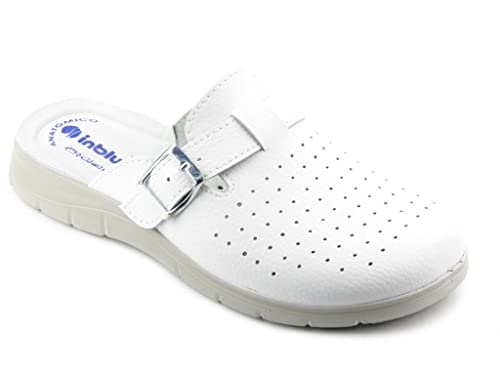 inblu Medical Herren-Hausschuhe mit Leder-Einlegesohle perforiert BG-31 Leder + Kunstleder weiche Einlegesohle rutschfeste Sohle Schnallenriemen weiß Größe 41 von inblu