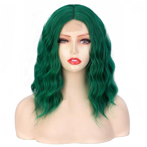 Incohair Grüne Perücken für Frauen – kurzer, gewellter Spitzen-Haaransatz, 35,6 cm Mittelteil, synthetische hitzebeständige Faser, täglicher Partygebrauch, Smaragdgrün von incohair