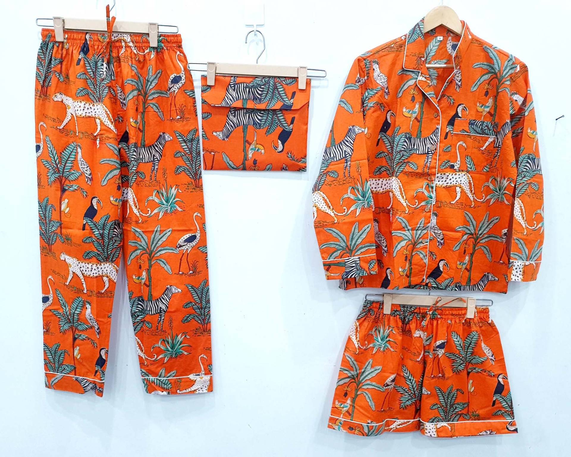 Baumwoll-Pyjama-Set Baumwolle Handblockdruck Animal Print Orange Farbe Leicht Ultra-Soft-Nachtkleid-Frauen-Baumwollhose Valentinstag Geschenk von indianashopArt