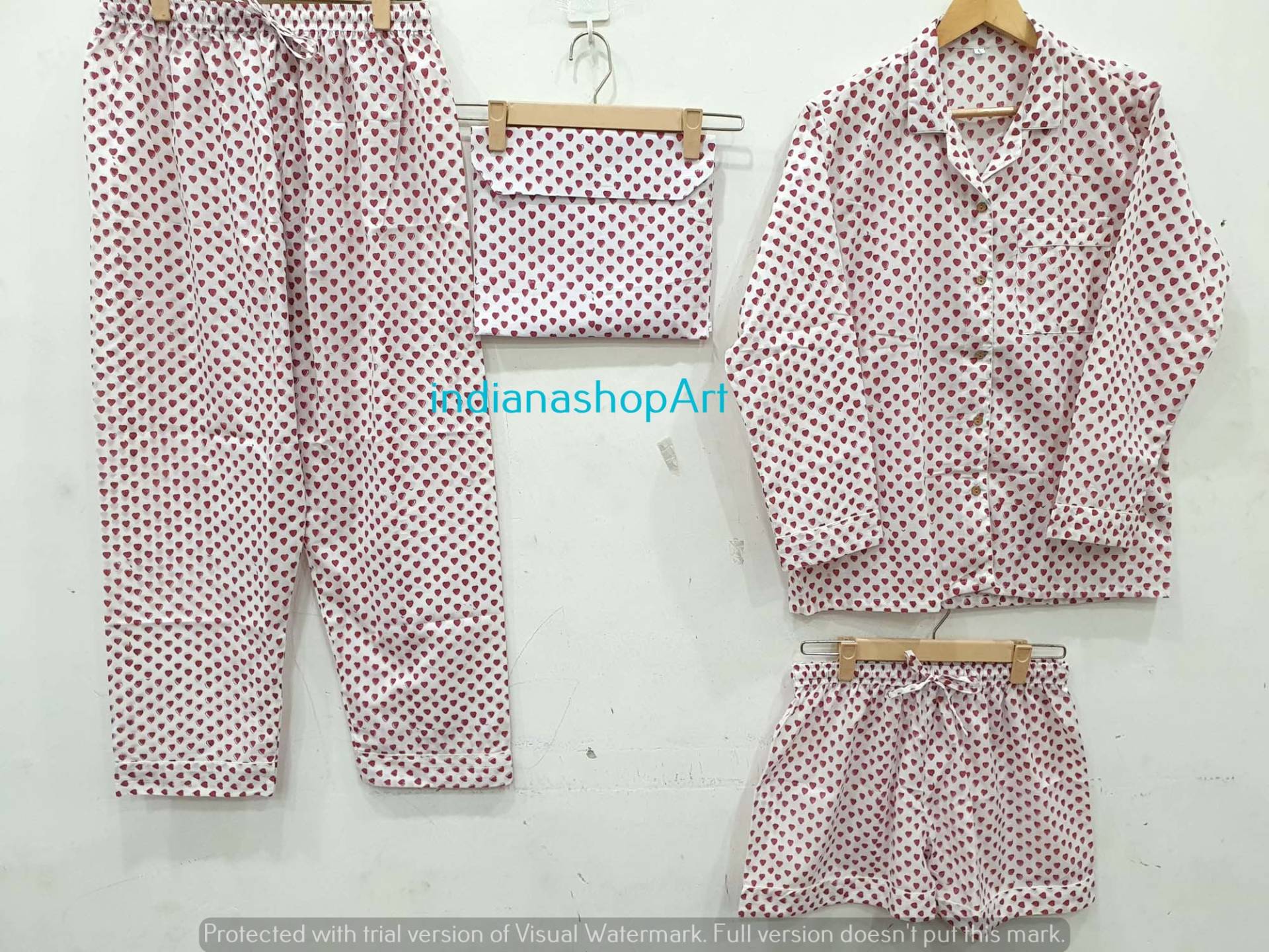 Baumwoll-Pyjama-Set Handblockdruck Weiße Farbe Frauen Nacht Anzug Licht Ultra-Soft Valentinstag Geschenk Baumwolle Hose Shirt Set Mit Shorts von indianashopArt