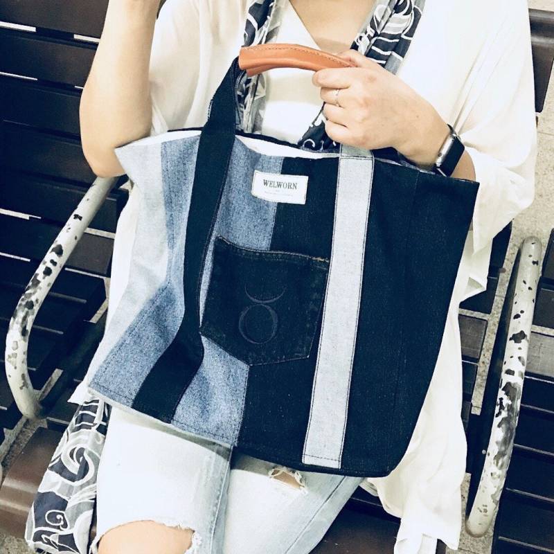 Markttasche Aus Recyceltem Denim Handgenähte Hobo-Tasche Jeansstoff Markttasche Aus Recyceltem Denim Handgenähte Hobo-Tasche Jeansstoff von indigokitchen