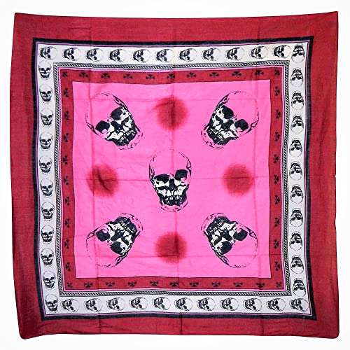 indischerbasar.de Halstuch Totenköpfe rot rosa Baumwolle 100 x 100 cm bedruckt Bandana Kopftuch Schultertuch von indischerbasar.de