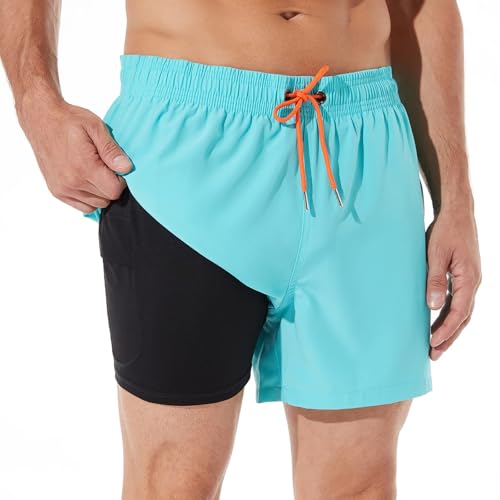 Ineepor Herren Badehose Mit Kompression Und Innenhose - Board Shorts 2 in 1 Mit Reißverschlusstasche, Hellblau, XL Ineepor Herren Badehose Mit Kompression Und Innenhose - Board Shorts 2 in 1 Mit Reißverschlusstasche, Hellblau, XL von ineepor