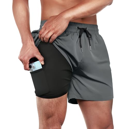 Ineepor Herren Badehose Mit Kompression Und Innenhose - Board Shorts 2 in 1 Mit Reißverschlusstasche, Kurz, Grau, XS von ineepor