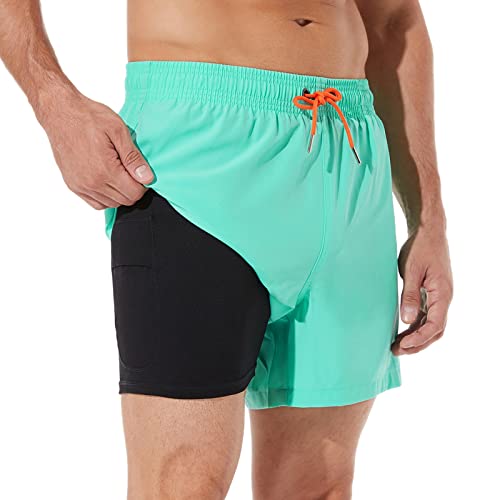 ineepor Badehose Herren mit Kompression Badehose mit innenhose Board Shorts 2 in 1 Reißverschlusstasche kurz Badehose,Gras-grün,XS von ineepor