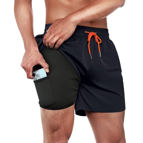 ineepor Herren Badehose mit Kompression 2 in 1 Board Shorts Reißverschlusstasche kurz, Navyblau, S von ineepor