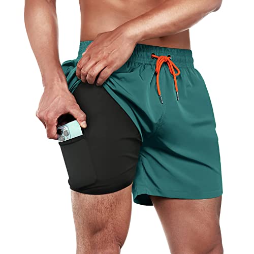 ineepor Badehose Herren mit Kompression Badehose mit innenhose Board Shorts 2 in 1 Reißverschlusstasche kurz Badehose,Blau,4XL von ineepor