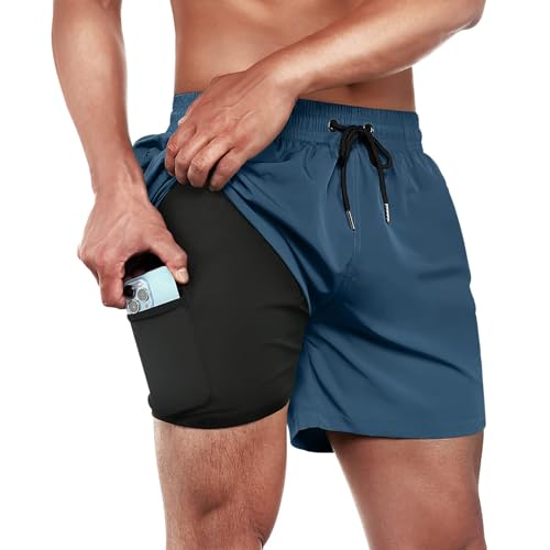 Ineepor Herren Badehose Mit Kompression Und Innenhose - Board Shorts 2 in 1 Mit Reißverschlusstasche, Kurz, Copenblau, L von ineepor