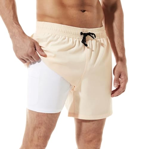 ineepor Badehose Herren mit Kompression Badehose mit innenhose Board Shorts 2 in 1 Reißverschlusstasche kurz Badehose,Creme,3XL von ineepor
