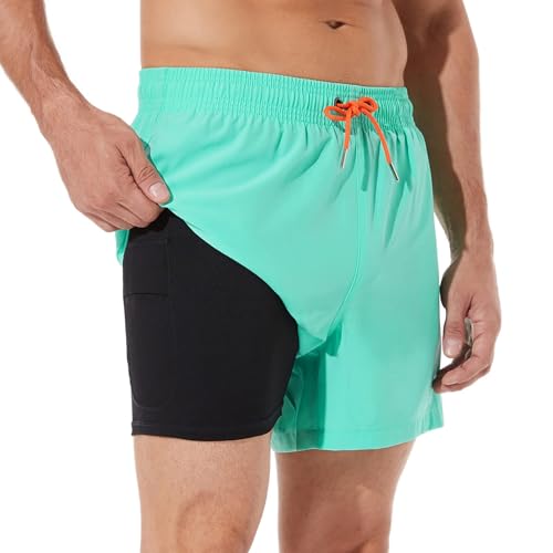 ineepor Herren Badehose Mit Kompression Und Innenhose - Board Shorts 2 in 1 Mit Reißverschlusstasche, Gras-grün, XXL von ineepor