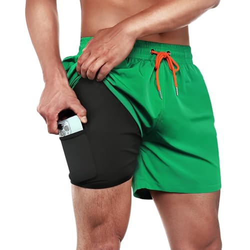 ineepor Herren Badehose mit Kompression 2 in 1 Board Shorts Reißverschlusstasche kurz, Grün, M von ineepor