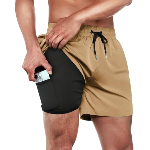 ineepor Badehose Herren mit Kompression Badehose mit innenhose Board Shorts 2 in 1 Reißverschlusstasche kurz Badehose,Khaki,4XL von ineepor