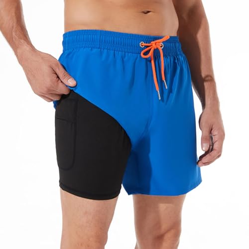 ineepor Badehose Herren mit Kompression Badehose mit innenhose Board Shorts 2 in 1 Reißverschlusstasche kurz Badehose,Königsblau,XXL von ineepor