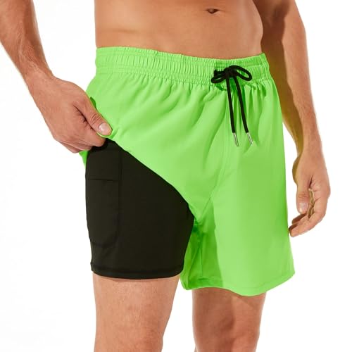 ineepor Badehose Herren mit Kompression Badehose mit innenhose Board Shorts 2 in 1 Reißverschlusstasche kurz Badehose,Leuchtendesgrün,L von ineepor