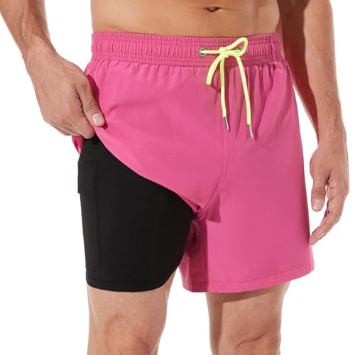 ineepor Badehose Herren mit Kompression Badehose mit innenhose Board Shorts 2 in 1 Reißverschlusstasche kurz Badehose,Leuchtendrosa,L von ineepor