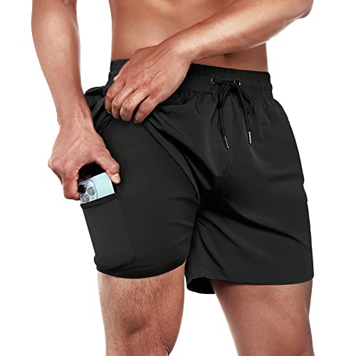 ineepor Badehose Herren mit Kompression Badehose mit innenhose Board Shorts 2 in 1 Reißverschlusstasche kurz Badehose,Schwarz,5XL von ineepor