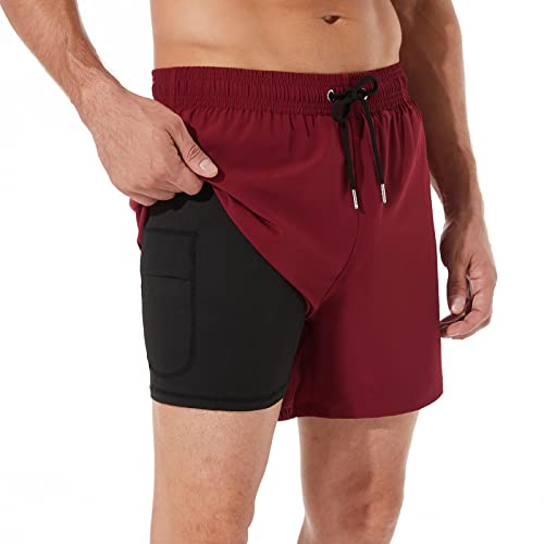 ineepor Badehose Herren mit Kompression Badehose mit innenhose Board Shorts 2 in 1 Reißverschlusstasche kurz Badehose,Weinrot,5XL von ineepor