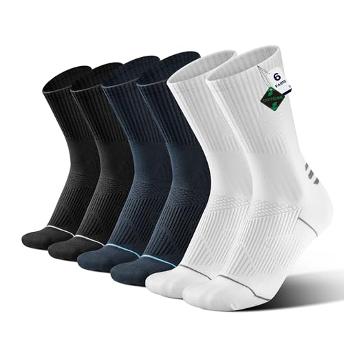 ineepor Bambus Socken 6 Paar Kompressionsstrümpfe Herren Damen, Crew Sportsocken laufsocken Wandernsocken Tennissocken, Anti-Blasen Atmungsaktive Feuchtigkeitstran Größe 35-51 von ineepor