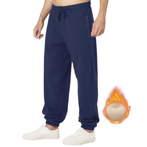 ineepor Jogginghose Herren Baumwolle Thermo Dicke Breite Jogginghosen Baggy Warme Fleece Gefütterte Weit Gym Sporthosen Winter Track Pants mit reißverschluss Taschen, Marineblau, M von ineepor