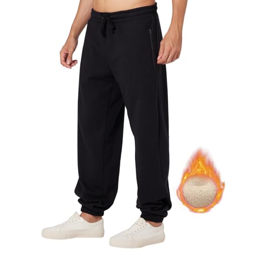 ineepor Jogginghose Herren Baumwolle Thermo Dicke Breite Jogginghosen Baggy Warme Fleece Gefütterte Weit Gym Sporthosen Winter Track Pants mit reißverschluss Taschen von ineepor