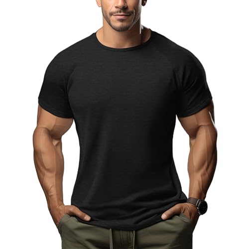 ineepor Merino Shirt Herren Slim Fit Extra lang Kurzarm Funktionsshirt Sportshirt Wandershirt UPF 50+ Kühlung Atmungsaktiv Schnelltrocknend Geruchshemmend Anti Schweiß Unterhemd, Gym Fitness Trekking von ineepor