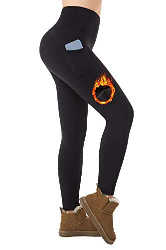 ineepor Thermo Leggings Damen Outdoor mit Fleece Gefütterte Leggings Damen Taschen Hohe Taille Winter wasserdichte Yoga Fitness Training Sport Leggings von ineepor