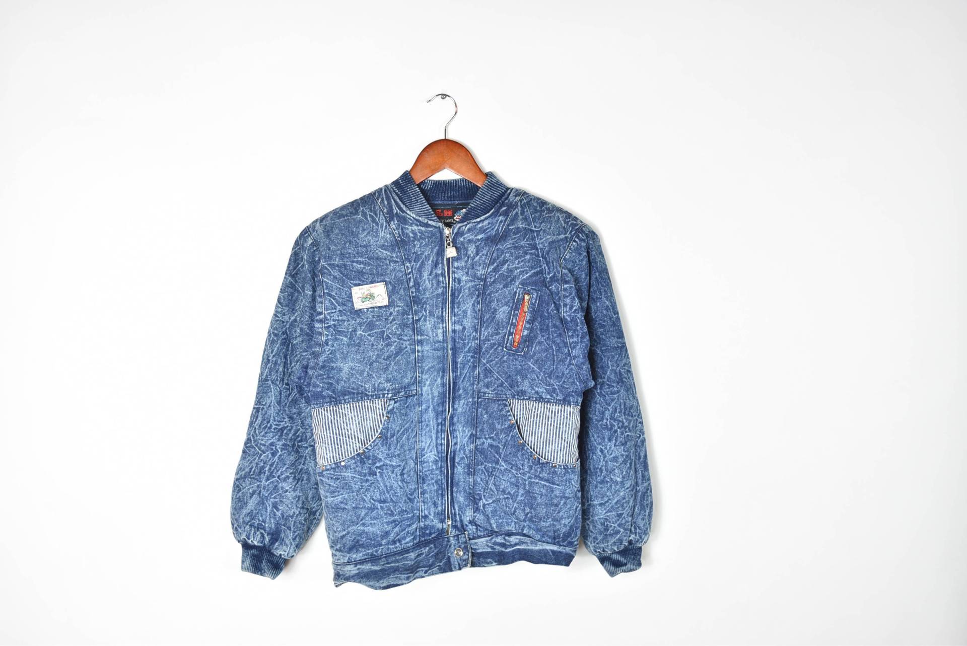 Vintage Blue Denim Fleece Gefütterte Acid Wash Bomberjacke von inhomage