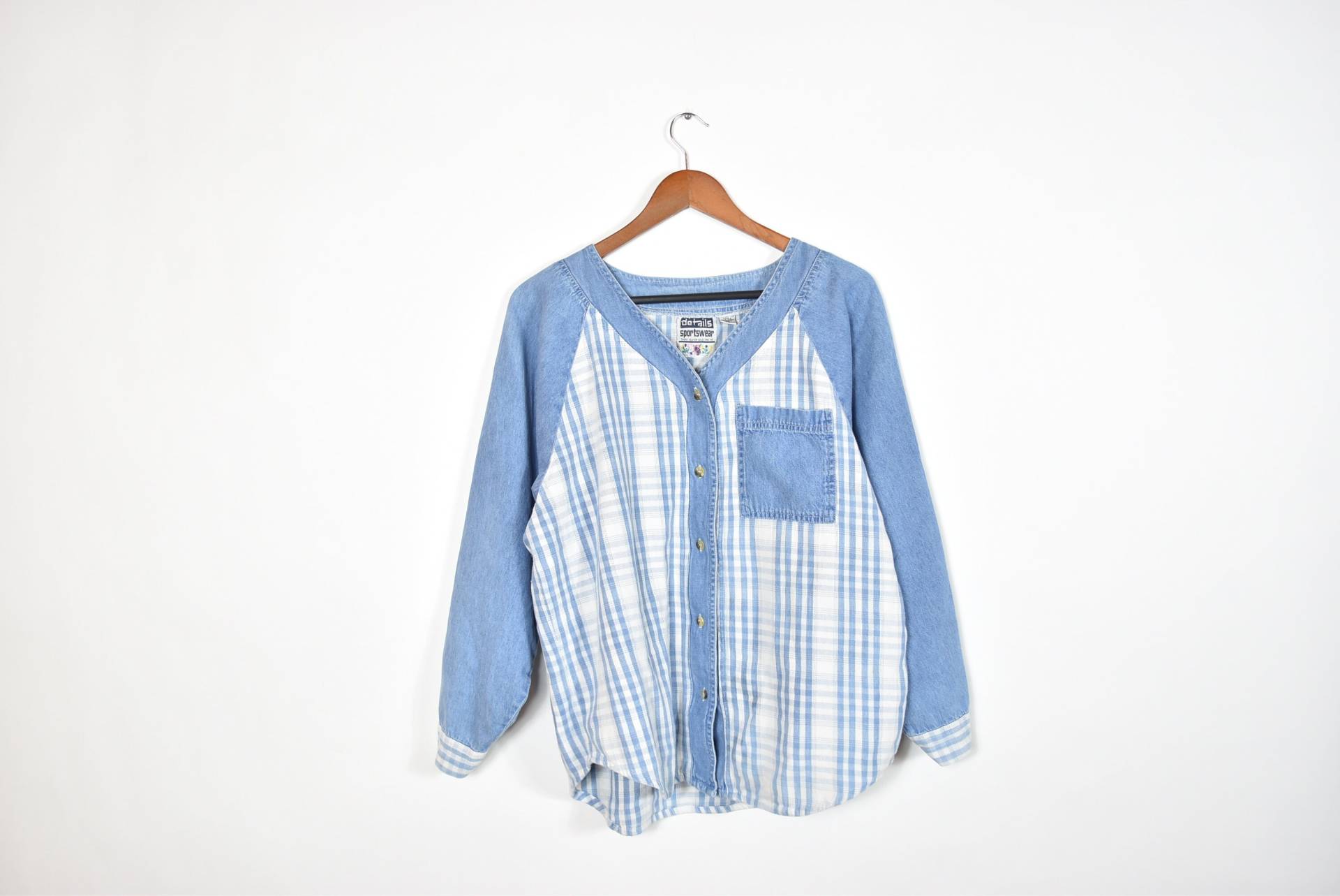 Vintage Blue Denim Tartan Baseball Style Shirt von inhomage