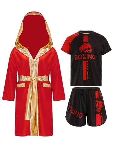 inhzoy 3tlg Kinder Jungen Boxing Shorts Boxmantel Und Kurzarm Shirt Set Kickboxing Muay Thai Kleidung Kampfsport Outfit Rot 134-140 von inhzoy
