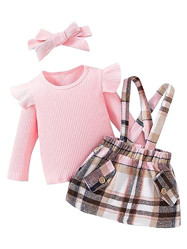 inhzoy Baby Mädchen Kleidung Set Rüschen Langarmshirt Schottenrock Und Stirnband Outfits Kleinkind Neugeborene Babyset A_Rosa 68-74 von inhzoy