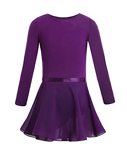 inhzoy Ballettkleid Mädchen Langarm Ballett Trikot Body mit Chiffon Wickelrock Kinder Ballett Tanz Kostüm Trainninganzug Gr. 92-164 Dunkelviolett 110-116 von inhzoy