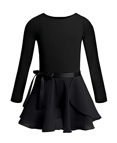 inhzoy Ballettkleid Mädchen Langarm Ballett Trikot Body mit Chiffon Wickelrock Kinder Ballett Tanz Kostüm Trainninganzug Gr. 92-164 Schwarz 122-128 von inhzoy