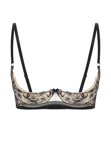 inhzoy Damen 1/4 Cup BH Dessous Hebe BH Offene Brust Mit Bügel Spitze Bralette Push Up Mit Verdickten Abnehmbaren Einlage Schwarz L von inhzoy