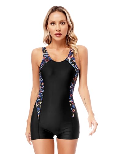inhzoy Damen Badeanzug mit Bein Sportlich Schwimmanzug Bauchweg Racerback Bademode Slim Figurformend Einteiler Schwimm Badebekleidung Schwarz M von inhzoy