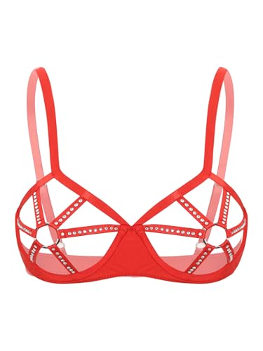 inhzoy Damen Balconette BH Mit Bügel Aushöhlen Büstenhalter Mit Strass O-Ring Ouvert Dessous Körper Geschirr Reizwäsche Brust Offen Rot XL von inhzoy