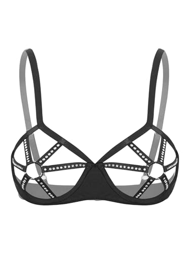 inhzoy Damen Balconette BH Mit Bügel Aushöhlen Büstenhalter Mit Strass O-Ring Ouvert Dessous Körper Geschirr Reizwäsche Brust Offen Schwarz XXL von inhzoy