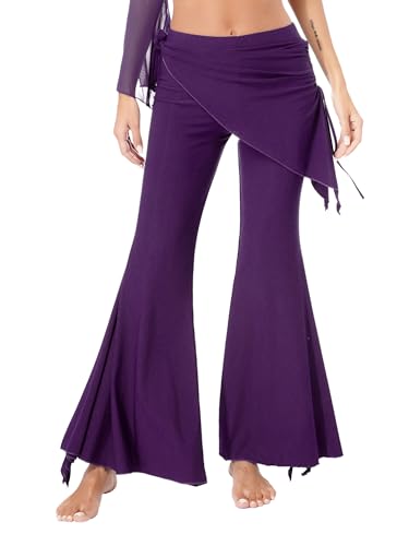 inhzoy Damen Bauchtanz Kostüm Hose Pailletten Schlaghose Belly Dance Pants Flared Pants Yoga Pilates Hose Tribal Arabisch Tanz Kostüm Dunkelviolett_C Einheitsgröße von inhzoy