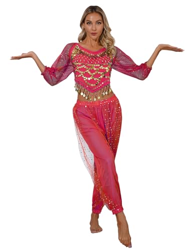 inhzoy Damen Bauchtanz Outfit Halloween Fasching Kostüm Halbe Puffärmel Pailletten Oberteile Pluederhose Set Tribal Festival Show Tanz Outfit Hotpink Einheitsgröße inhzoy Damen Bauchtanz Outfit Halloween Fasching Kostüm Halbe Puffärmel Pailletten Oberteile Pluederhose Set Tribal Festival Show Tanz Outfit Hotpink Einheitsgröße von inhzoy