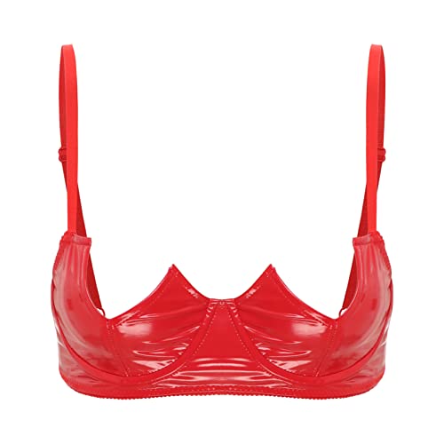 inhzoy Damen Brustfrei BH Push Up Leder Optik Dirndl BH Bra Bustier Bügellos Ouvert Hebe Dessous Verführerische Reizwäsche Rot_E 5XL von inhzoy