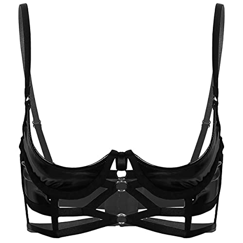 inhzoy Damen Brustfrei BH Push Up Leder Optik Dirndl BH Bra Bustier Bügellos Ouvert Hebe Dessous Verführerische Reizwäsche Schwarz_C 4XL von inhzoy