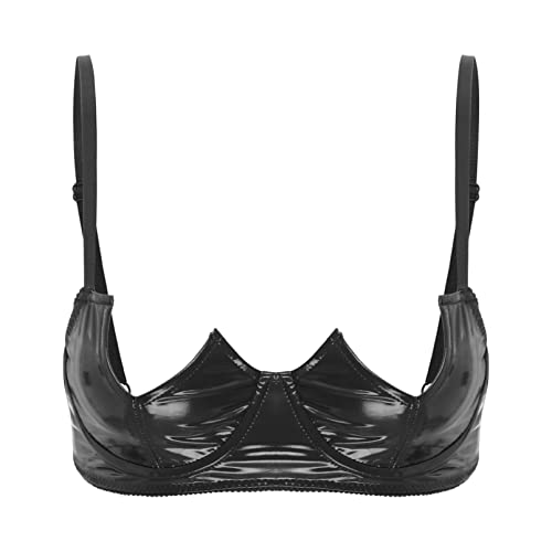 inhzoy Damen Brustfrei BH Push Up Leder Optik Dirndl BH Bra Bustier Bügellos Ouvert Hebe Dessous Verführerische Reizwäsche Schwarz_E L von inhzoy