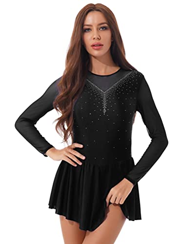 inhzoy Damen Eiskunstlauf Kleid Langarm Glitzer Rollschuhkleid Ballettanzug Tanzbody Ballett Trikot Eislaufen Performance Tanz Outfit Schwarz B 3XL von inhzoy