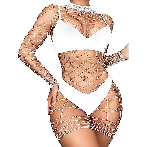 inhzoy Damen Frauen Fischnetz Bodystocking Kleid Transparent Hohl Netz Minikleid Strandkleid Badeanzug Cover Up Reizvolle Dessous Nachtwäsche Weiß_C One Size von inhzoy