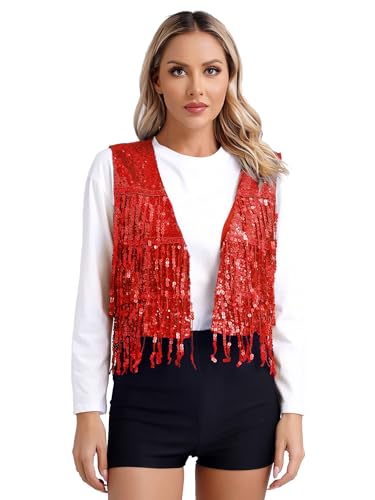 inhzoy Damen Glänzend Pailletten Weste Glitzer Anzugweste Jacke ärmellos Glitzernde Disco Fasching Kostüm Oberteil Party Karneval Top Rot_C XXL von inhzoy