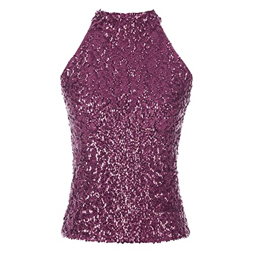 inhzoy Damen Glänzende Pailletten Tops Ärmellose Neckholder Sparkle Tank Tops Cami Shirt Party Club Cocktail Oberteil Vest Violett Einheitsgröße von inhzoy