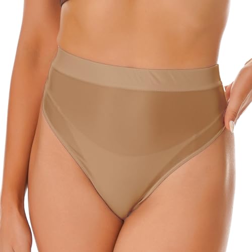 inhzoy Damen Glänzende Slips Glatte Seidenglanz Unterwäsche Hipster Unterhosen Brazilian Bikinslip Thong Bauchweg High Cut Kaffee_A XL von inhzoy