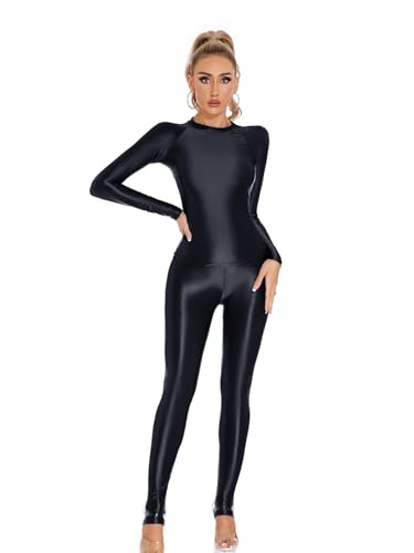 inhzoy Damen Glanz Nylon Leggings Langarmshirt Set Glänzend Stretch Sport Yoga Outfits Transparente Wetlook Unterwäsche Oberteil Unterteil Set Schwarz_A XL von inhzoy