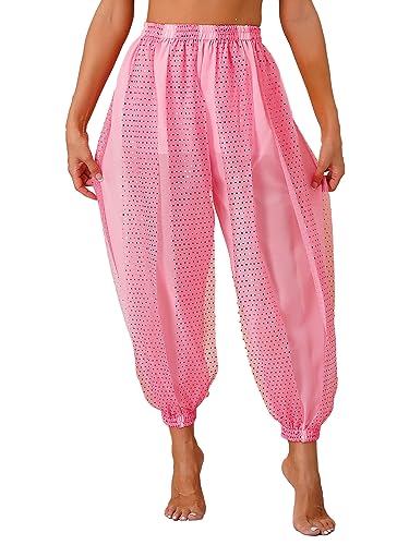 inhzoy Damen Haremshose Glitzer Bauchtanz Hose Pailletten Pumphose Yoga Pilates Pants Tribal Arabische Tanzkostüm A_Rosa Einheitsgröße von inhzoy