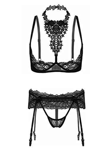 inhzoy Damen Hebe BH Set Spitze Leopard Dessous Sexy Unterbrust BH Strapsgürtel G-String Tanga Erotische Unterwäsche Reizwäsche Schwarz_E M von inhzoy