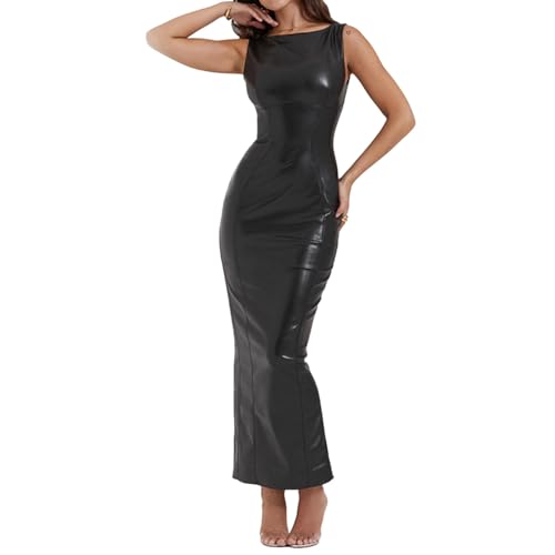 inhzoy Damen Leder Kleider Lang Eng Ärmelloses PU Leder Etuikleid Maxikleid Sexy Elegant Partykleid Cocktailkleid Abendkleid Business Kleid Bodycon Schwarz M von inhzoy